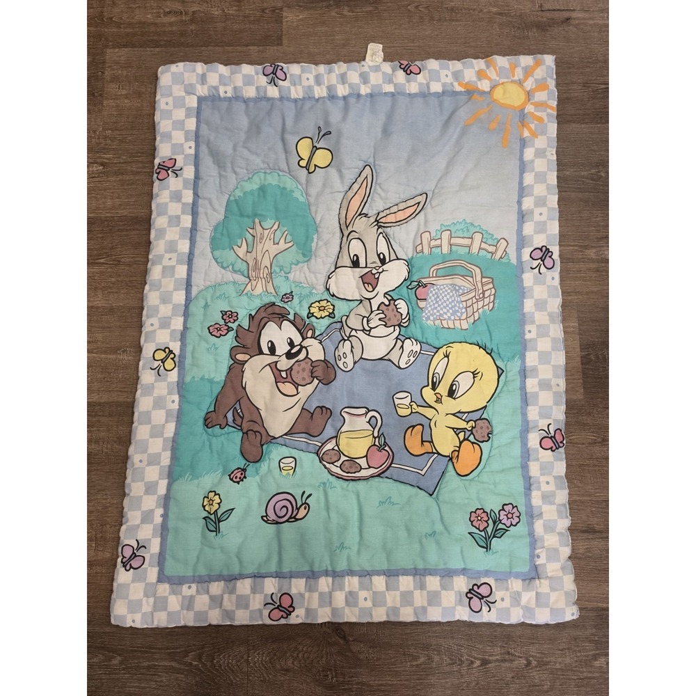 Vintage Baby Looney Tunes Crib Blanket Bugs Bunny Taz Tweety Picnic Butterflies